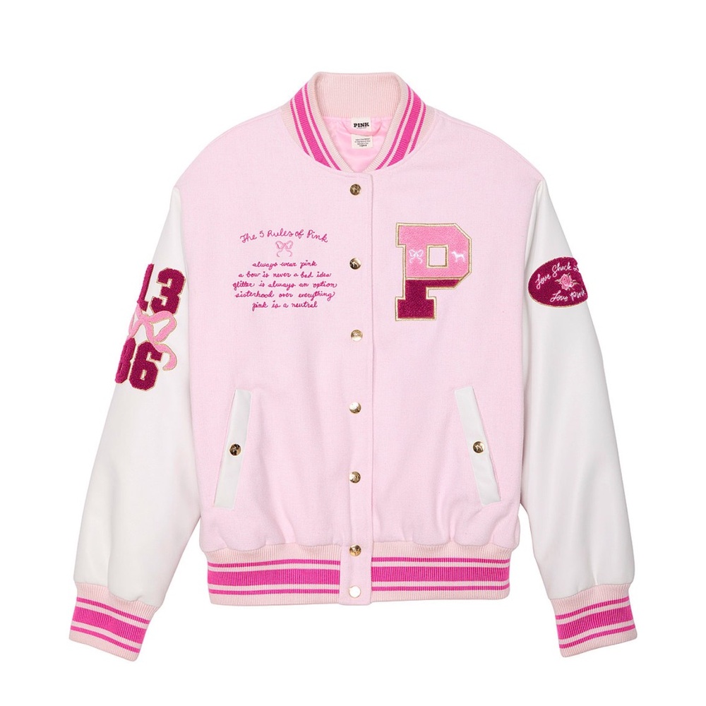 PINK × LoveShackFancy Reissued Boyfriend Varsity Jacket